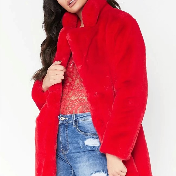 RED PLUSH LONG COAT - Picture 3 of 7
